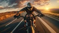 a sleek motorbike cruising down an empty, sunlit highway. The rider leans forward, fully immersed in the thrill of their