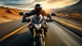 a sleek motorbike cruising down an empty, sunlit highway. The rider leans forward, fully immersed in the thrill of their