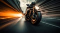 a sleek motorbike cruising down an empty, sunlit highway. The rider leans forward, fully immersed in the thrill of their