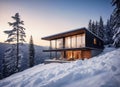 Mountain Cabin Retreat with Snowy Backdrop. Generative AI