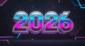 Sleek 2026 numbers rendered in shiny chrome with vibrant blue and pink neon lighting, creating a futuristic, bold, and energetic Royalty Free Stock Photo