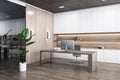 Sleek office design with wood elements and space for customization, urban feel. Royalty Free Stock Photo