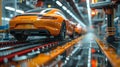 A sleek orange car moves on a conveyor belt in a factory
