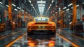 A sleek orange car moves on a conveyor belt in a factory