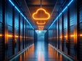 Sleek Orange Neon Corridor in a CuttingEdge Cloud Data Center Exploring the Future of Computing