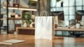 A sleek paper bag mockup displayed on a modern office desk generated by AI