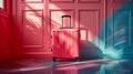 Sleek pink suitcase mockup stands in front of striking wall in dramatic shadows, ai generated Royalty Free Stock Photo