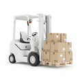 Sleek plain white mockup fork-lift lifting bulk of cardboard boxes off the ground, white backdrop Royalty Free Stock Photo