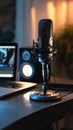 Sleek podcast recording setup with microphone and laptop in a home studio, warm backlighting