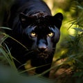 A sleek and powerful black panther prowls through the underbrush Royalty Free Stock Photo