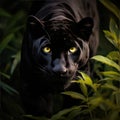 A sleek and powerful black panther prowls through the underbrush Royalty Free Stock Photo