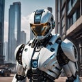 A sleek and powerful guardian robot, standing confidently with arms akimbo and face set in a protective expression