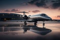 Sleek private jet parked on a private runway. Generative AI Royalty Free Stock Photo