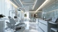 A sleek and professional dental office, featuring advanced dental chair and tools, under cool blue lighting.