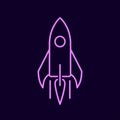 A sleek purple line art illustration of a rocket ship against a dark background.