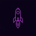 A sleek purple line art illustration of a rocket ship against a dark background.