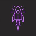 A sleek purple line art illustration of a rocket ship against a dark background.