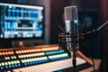 Sleek recording setup with microphone, monitor, and illuminated controls for precision