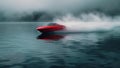 Red speedboat racing through mist on tranquil water. dynamic, vibrant, action-packed scene, showcasing speed and luxury Royalty Free Stock Photo