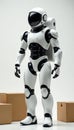 Sleek robot astronaut, cardboard boxes, white backdrop, technology, artificial intelligence, stock Royalty Free Stock Photo
