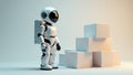 Sleek robot astronaut by stacked boxes, minimalist setting, futuristic, exploration