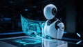 Sleek robot with glowing circuits collaborates with a human on a holographic interface. A metaphor for intelligent