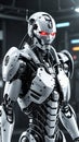 Sleek robot with red glowing eyes in a modern, high-tech industrial setting