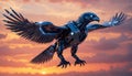 Futuristic Robotic Eagle Flying at Sunset with Orange Cloud Background Royalty Free Stock Photo