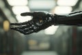 Robotic hand reaching out in a futuristic setting with intricate details and design