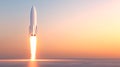 A sleek rocket launching into a vibrant sunset sky over a calm ocean, symbolizing exploration Royalty Free Stock Photo