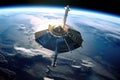 sleek satellite orbiting earth with solar panels extended