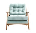 Sleek, Scandinavian-designed armchair with soft teal fabric and button detailing, supported by oak frame. Lounge chair