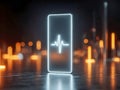 Futuristic transparent smartphone with glowing heartbeat icon floating above reflective surface in dark ambient setting with warm Royalty Free Stock Photo