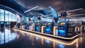 Sleek self-service terminals in a modern, well-lit airport interior.