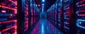 Sleek server racks, vibrant network cables glow in cyberpunk data center , data storage, glowing wires, system