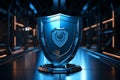 A sleek shield gleams against a futuristic tech backdrop in 3D rendering