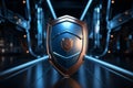 A sleek shield gleams against a futuristic tech backdrop in 3D rendering