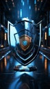 A sleek shield gleams against a futuristic tech backdrop in 3D rendering