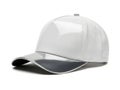 A sleek, shiny white baseball cap with a reflective surface and a silver-gray brim, featuring a small circular logo on the front Royalty Free Stock Photo