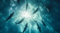Sleek Silver Barracudas Darting Beneath Sunlit Waters in School Royalty Free Stock Photo