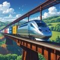 A sleek silver high-speed train crosses a tall, rust-red bridge over a lush, green valley Royalty Free Stock Photo