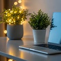 Cozy Home Office Laptop, Plants, and Warm Bokeh Lights, cyber monday, cyber monday shoping, black friday Royalty Free Stock Photo