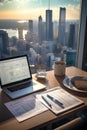 Sleek Silver Laptop on White Marble Table: Professional Workspace with Upward Trend Data Analysis