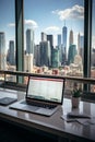 Sleek Silver Laptop on White Marble Table: Professional Workspace with Upward Trend Data Analysis