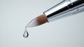 sleek silver makeup brush is elegantly positioned against white background. delicate paint drop hangs from brush tip Royalty Free Stock Photo