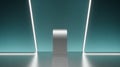 Sleek silver metallic podium with white neon light accents on teal gradient background stage display Royalty Free Stock Photo