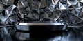 A sleek, silver podium with sharp, angular lines, standing on a reflective black surface, with a