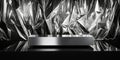A sleek, silver podium with sharp, angular lines, standing on a reflective black surface, with a