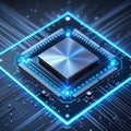 Sleek Silver Processor with Bright Blue Circuitry Glow computer microchip Royalty Free Stock Photo