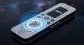 Sleek silver remote control with glowing blue digital interface and wireless signal waves Royalty Free Stock Photo